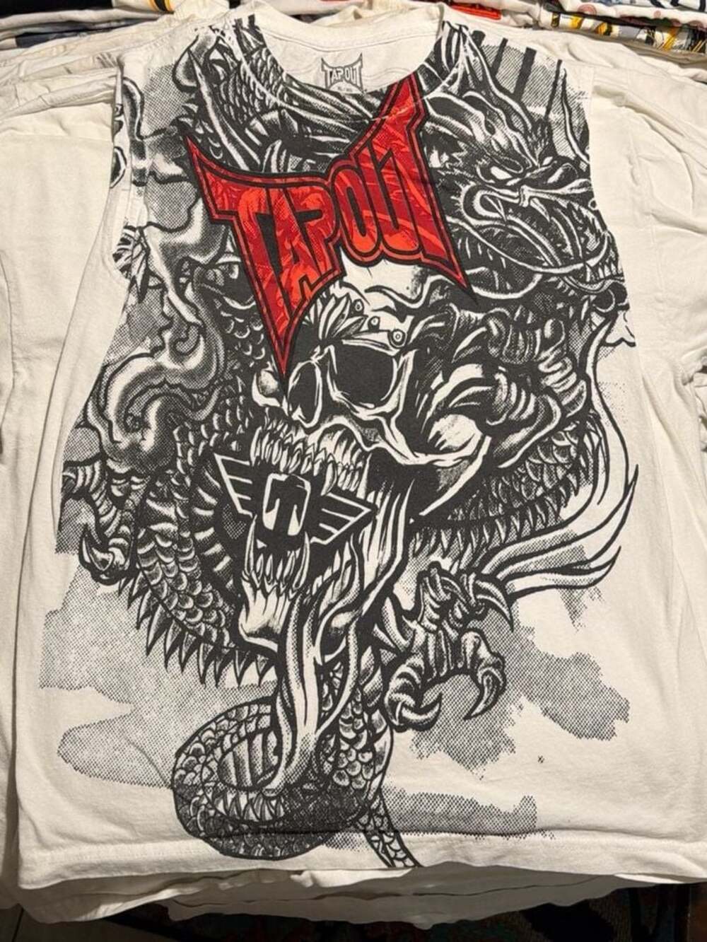 Y2K Tapout Graphic Tee Sleeveless Cut-Off Skull and Dragon All Over Print XL